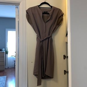 Aritzia taupe crepe/silk dress with matching wrap tie